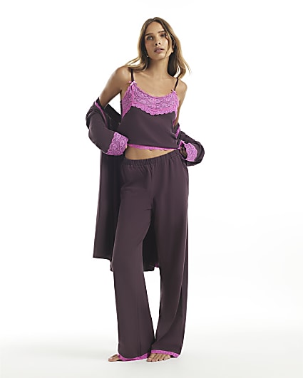 Burgundy Cotton Blend Lace Cami Pyjama Set