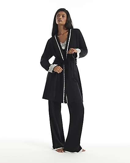 Black Cotton Blend Lace Trim Robe