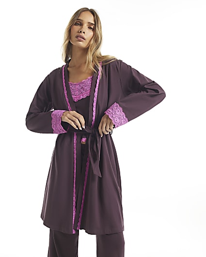 Burgundy Cotton Blend Lace Trim Robe
