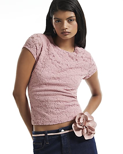 Pink Lace Fitted T-Shirt