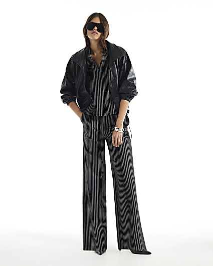 Black Ponte Stripe Wide Leg Trousers