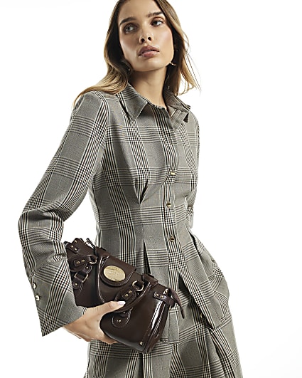 Brown Check Cinch Waist Long Sleeve Shirt
