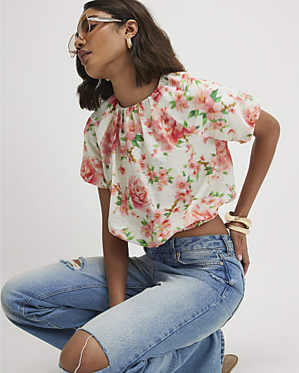 Pink Floral Puff Sleeve Top