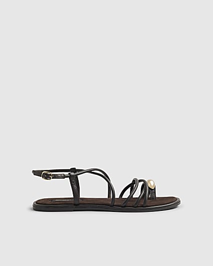 Brown Leather Metal Toe Loop Flat Sandals