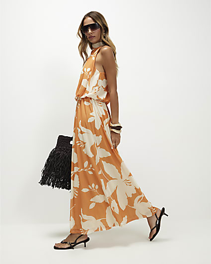 Orange Floral Print Halter Neck Dress