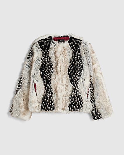 Petite Cream Mixed Faux Fur Plush Coat