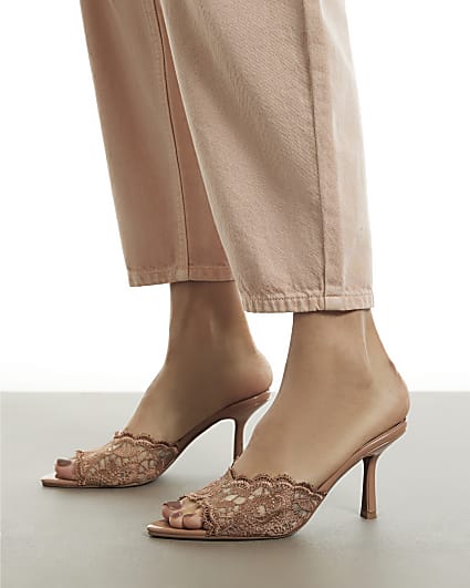 Beige Lace Peep Top Mule Sandals