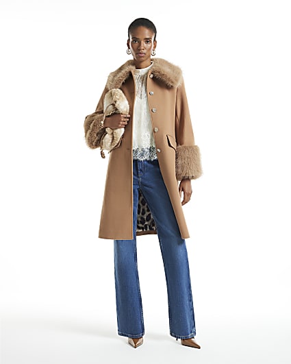 Brown Faux Fur Trim Coat