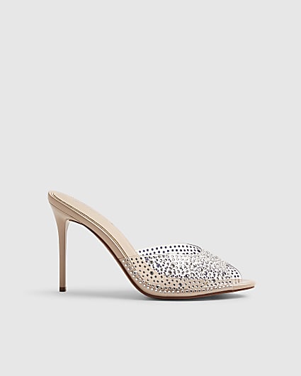 Beige Embellished Perspex Mule Heeled Sandals
