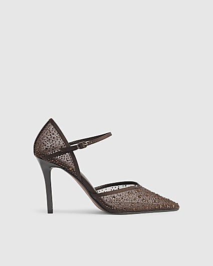 Brown Diamante Mesh Court Heels