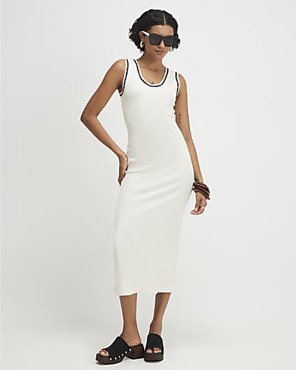 Cream Sleeveless Whipstitch Trim Midi Dress
