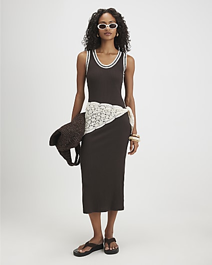 Brown Cotton Blend Whipstitch Trim Midi Dress