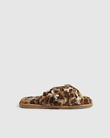 Brown Fluffy Leopard Cross Strap Slippers