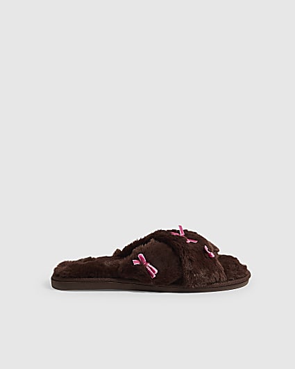 Brown Fluffy Cross Strap Bow Slippers