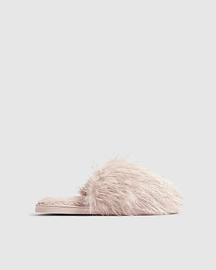 Pink Faux Fur Fluffy Mule Slippers