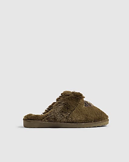 Green Faux Fur Olive Embroidered Slippers