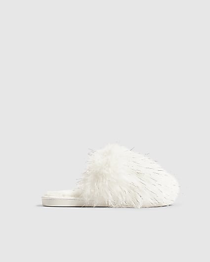 White Faux Fur Fluffy Mule Slippers
