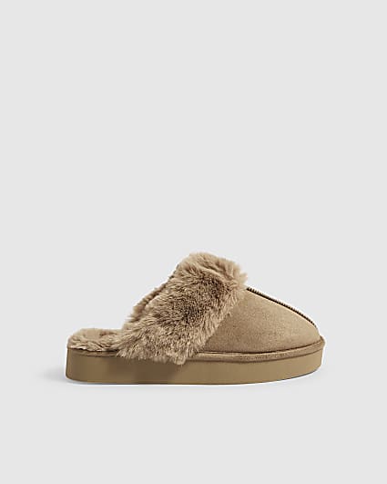 Beige Faux Fur Closed Toe Slippers