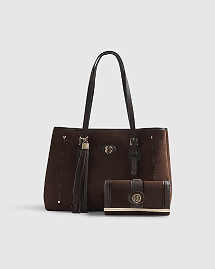 Brown Faux Suede Buckle Shopper Bundle Bag