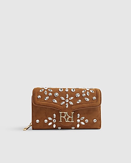 Brown Diamante Tab Front Zip Around Purse
