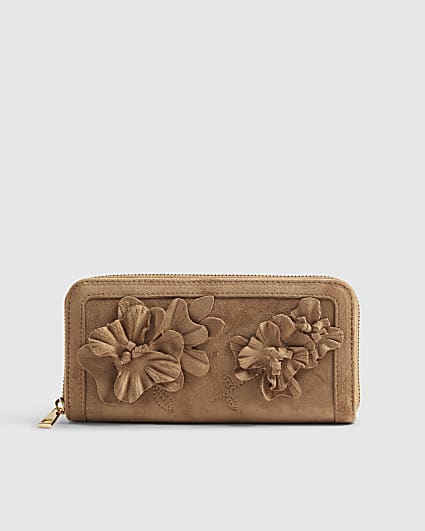 Beige 3D Floral Faux Suede Purse