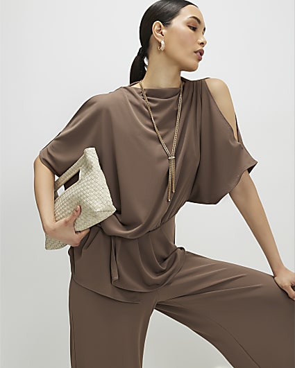 Brown Cold Shoulder Top