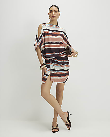 Brown Stripe Cold Shoulder Mini Dress