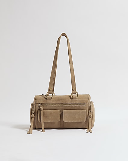 Beige Suede Utility Shoulder Bag