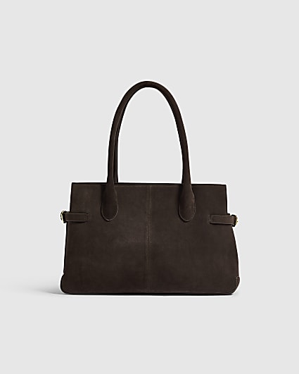 Brown Suede Buckle Side Tote Bag