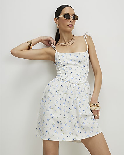 White Floral Tie Shoulder Corset Mini Dress
