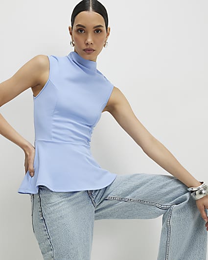 Blue High Neck Peplum Top