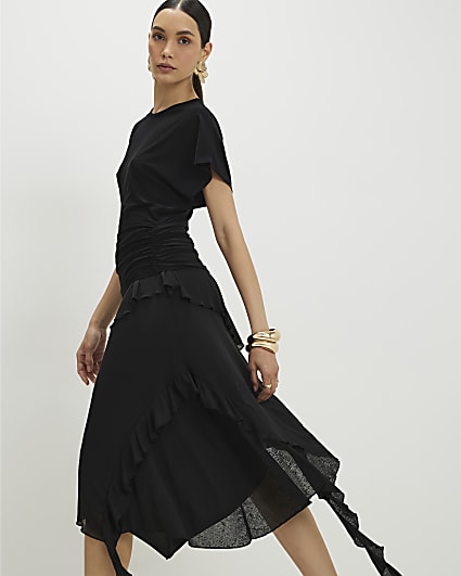 Black Hybrid T-Shirt Ruffle Midi Dress