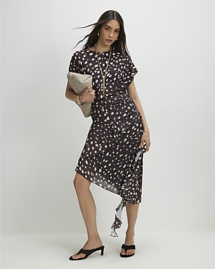 Brown Spot Hybrid T-Shirt Ruffle Dress