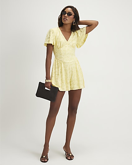 Yellow Short Sleeve Floral Burnout Playsuit