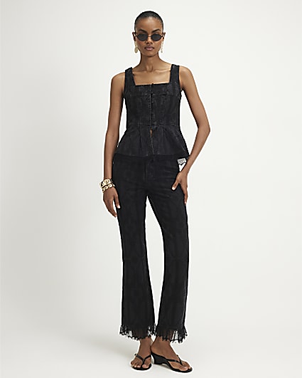 Black Embroidered Lace Trim Kick Flare Jeans