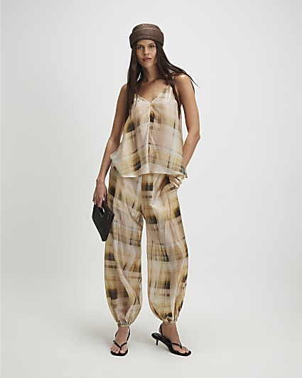 Cream Muted Check Cuffed Trousers