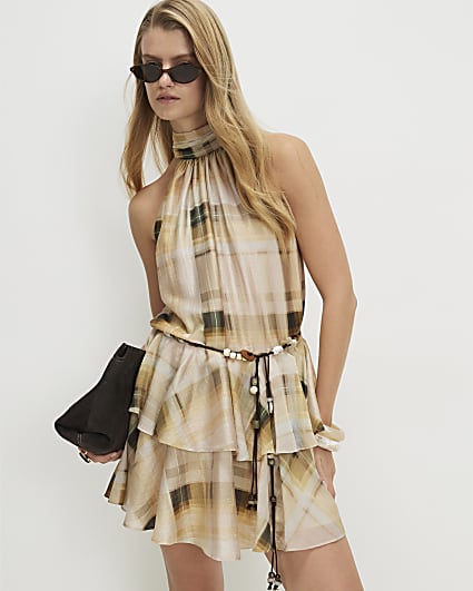 Cream Muted Check Print Mini Swing Dress