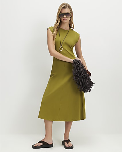 Green Cotton Blend Midi T-shirt Dress