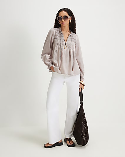Grey Long Sleeve Lace Yoke Blouse