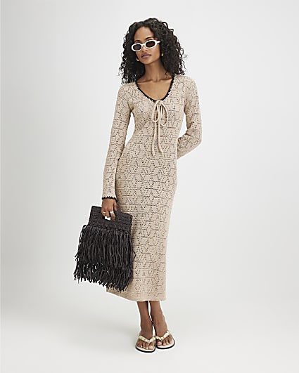 Beige Crochet Whipstitch Maxi Dress