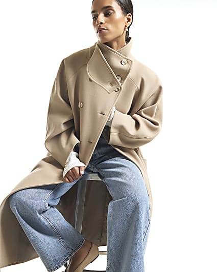 Petite Beige Funnel Neck Robe Coat