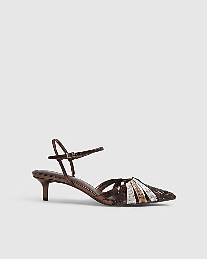 Brown Diamante Caged Court Heels
