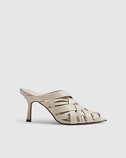 Cream Woven Heeled Mule Sandals