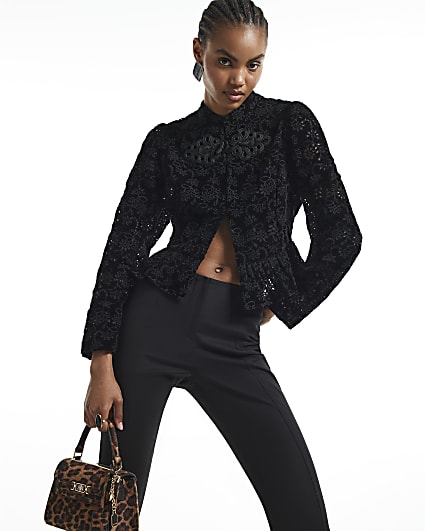 Black Embroidered Velvet Drummer Top