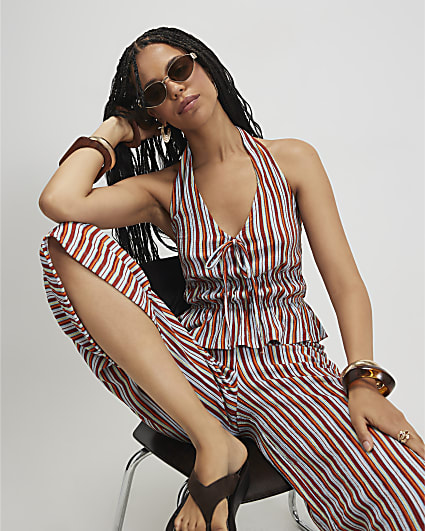 Orange Stripe Textured Halter Neck Top