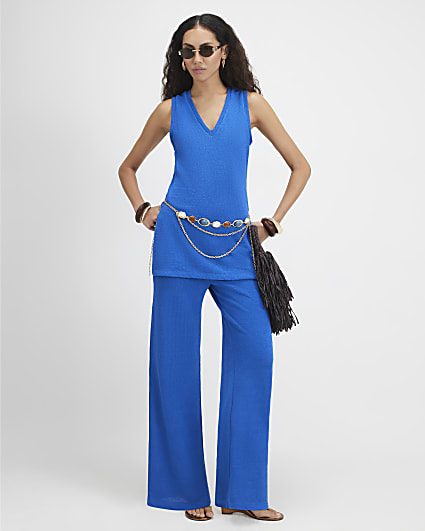 Blue Knit Wide Leg Trousers