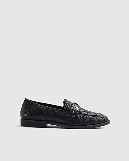 Black Quilted Metal Trim Loafers