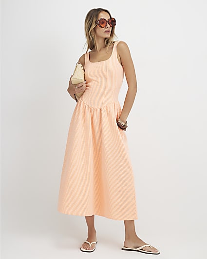 Orange Cotton Blend Texture Stripe Midi Dress