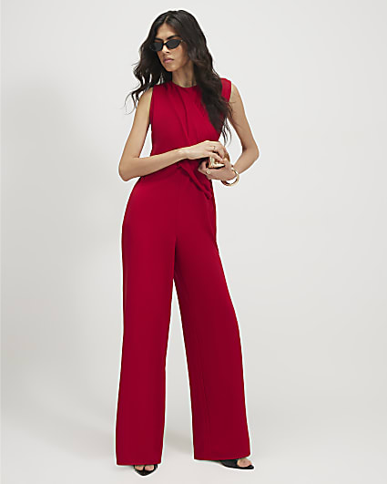 Red Sleeveless Draped Jumpsuit
