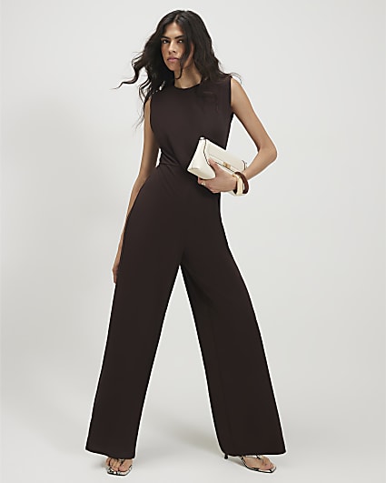 Brown Sleeveless Draped Jumpsuit